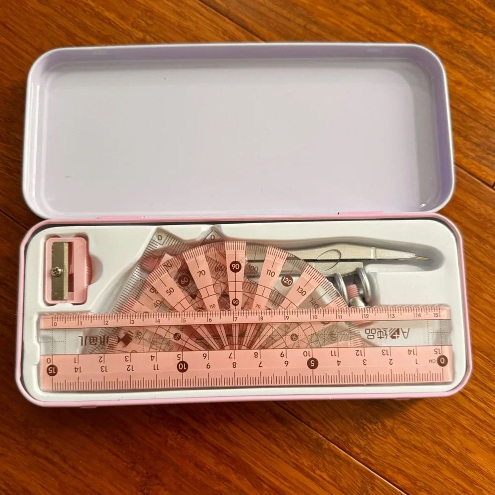 NEW Kawaii Stationary 8pc SET Geometry Math Kit Protractor Ruler Pencil Tin Pink